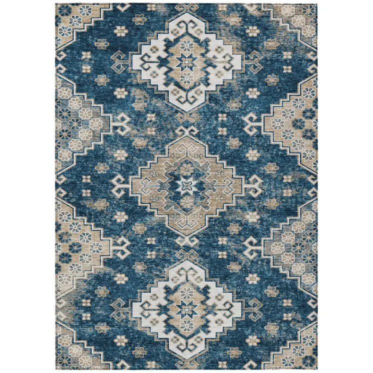 8' X 10' Navy Blue Beige And Ivory Medallion Washable Indoor Outdoor Area Rug