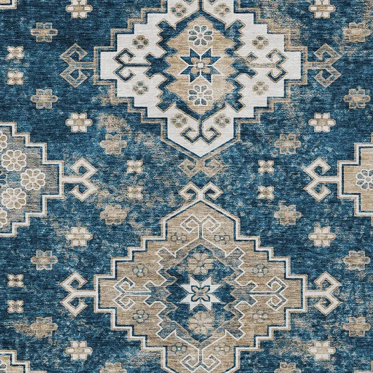 8' X 10' Navy Blue Beige And Ivory Medallion Washable Indoor Outdoor Area Rug
