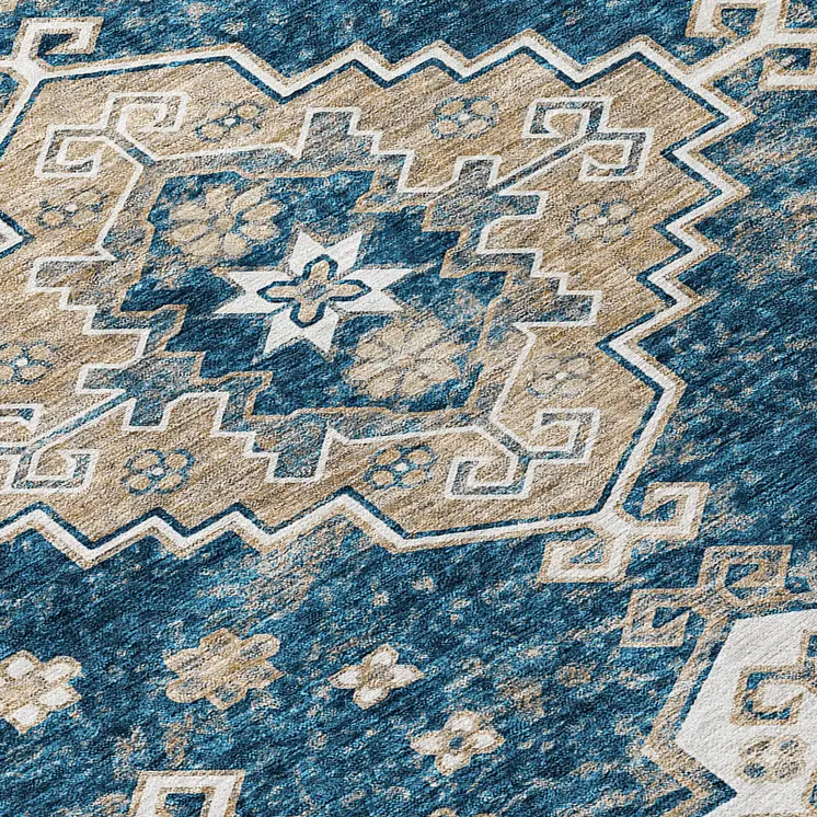 8' X 10' Navy Blue Beige And Ivory Medallion Washable Indoor Outdoor Area Rug