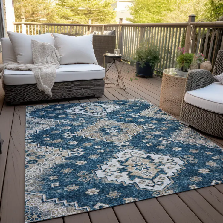 9' X 12' Navy Blue Beige And Ivory Medallion Washable Indoor Outdoor Area Rug
