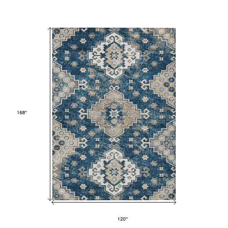 10' X 14' Navy Blue Beige And Ivory Medallion Washable Indoor Outdoor Area Rug