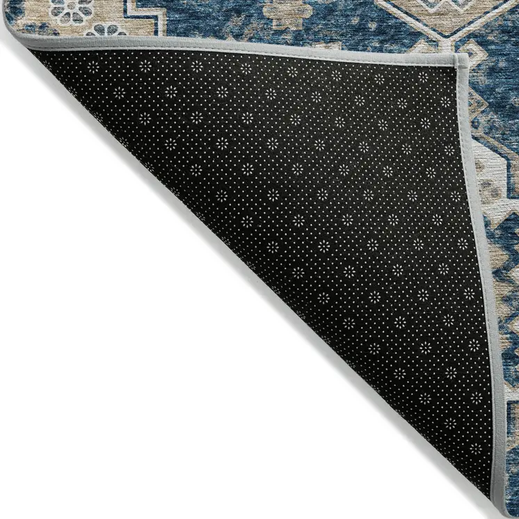 10' X 14' Navy Blue Beige And Ivory Medallion Washable Indoor Outdoor Area Rug