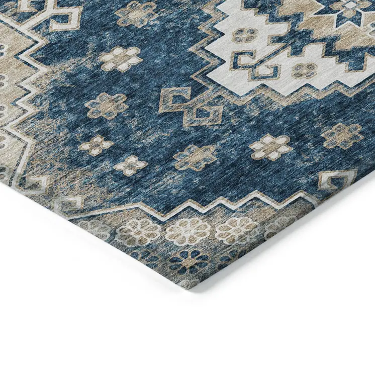 10' X 14' Navy Blue Beige And Ivory Medallion Washable Indoor Outdoor Area Rug