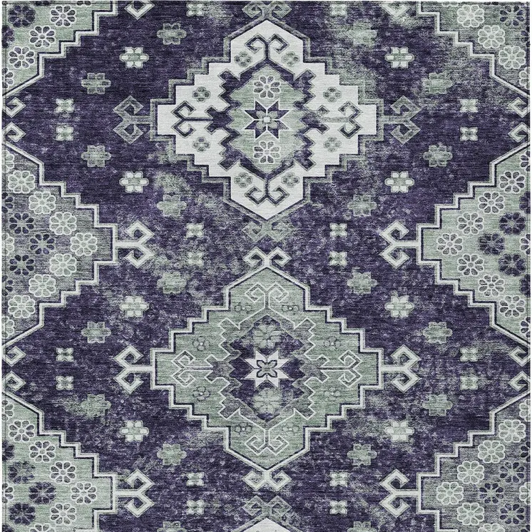 5' X 8' Purple Eggplant And Sage Medallion Washable Indoor Outdoor Area Rug