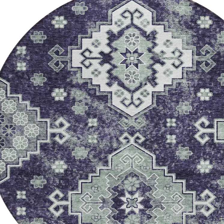 8' Purple Eggplant And Sage Round Medallion Washable Indoor Outdoor Area Rug