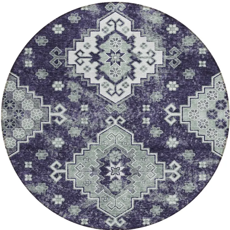 8' Purple Eggplant And Sage Round Medallion Washable Indoor Outdoor Area Rug