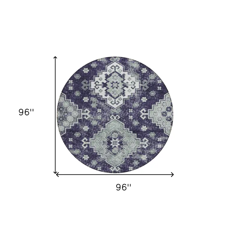8' Purple Eggplant And Sage Round Medallion Washable Indoor Outdoor Area Rug