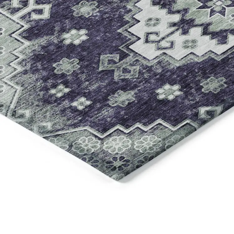 8' X 10' Purple Eggplant And Sage Medallion Washable Indoor Outdoor Area Rug
