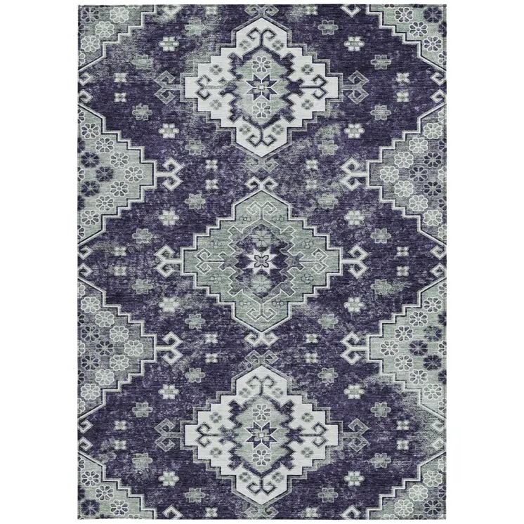 8' X 10' Purple Eggplant And Sage Medallion Washable Indoor Outdoor Area Rug