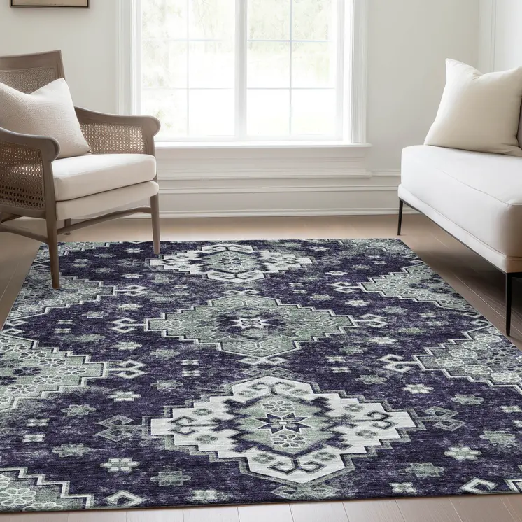 8' X 10' Purple Eggplant And Sage Medallion Washable Indoor Outdoor Area Rug