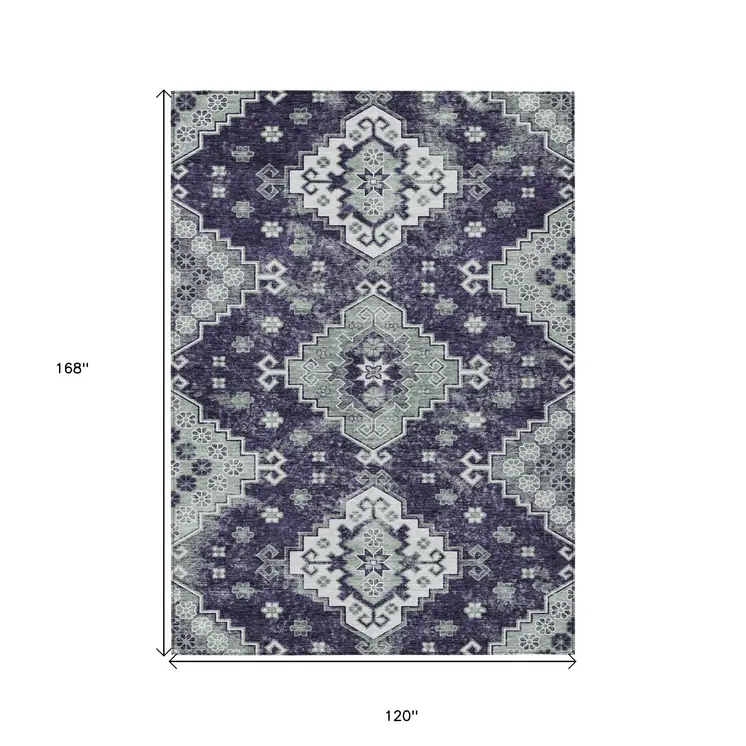 10' X 14' Purple Eggplant And Sage Medallion Washable Indoor Outdoor Area Rug