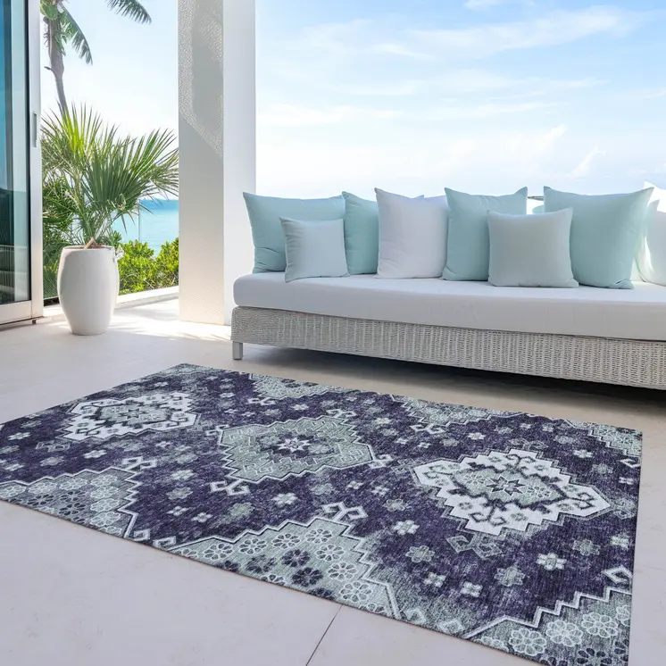 10' X 14' Purple Eggplant And Sage Medallion Washable Indoor Outdoor Area Rug