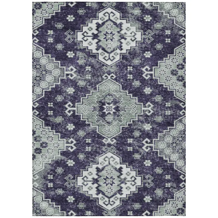 10' X 14' Purple Eggplant And Sage Medallion Washable Indoor Outdoor Area Rug
