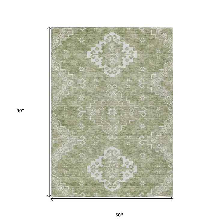 5' X 8' Artichoke Green Beige And Ivory Medallion Washable Indoor Outdoor Area Rug