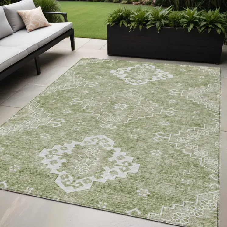 5' X 8' Artichoke Green Beige And Ivory Medallion Washable Indoor Outdoor Area Rug