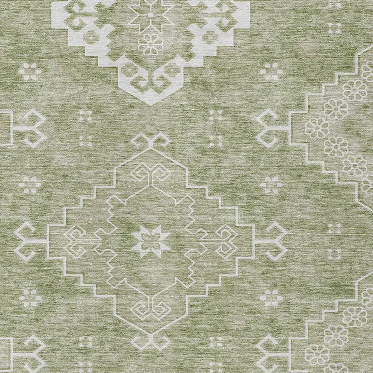5' X 8' Artichoke Green Beige And Ivory Medallion Washable Indoor Outdoor Area Rug