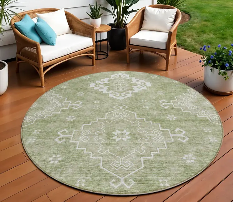 8' Artichoke Green Beige And Ivory Round Medallion Washable Indoor Outdoor Area Rug