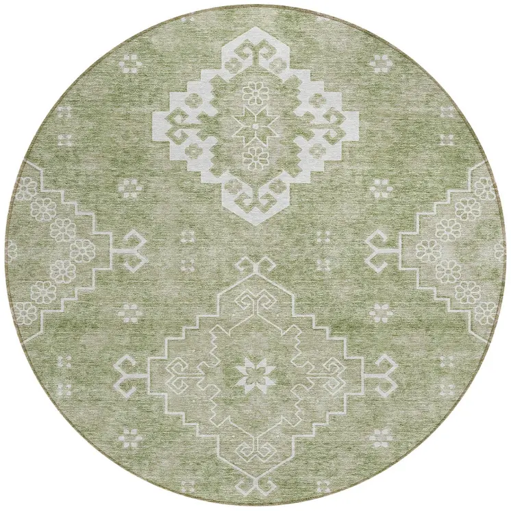 8' Artichoke Green Beige And Ivory Round Medallion Washable Indoor Outdoor Area Rug