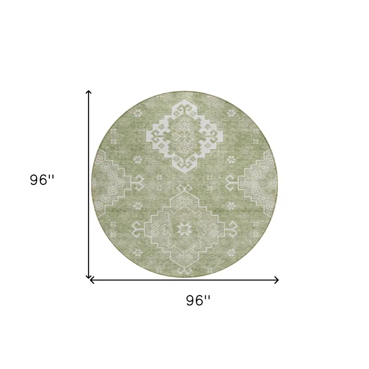 8' Artichoke Green Beige And Ivory Round Medallion Washable Indoor Outdoor Area Rug
