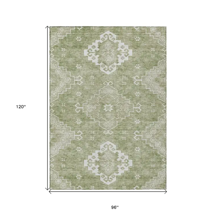 8' X 10' Artichoke Green Beige And Ivory Medallion Washable Indoor Outdoor Area Rug