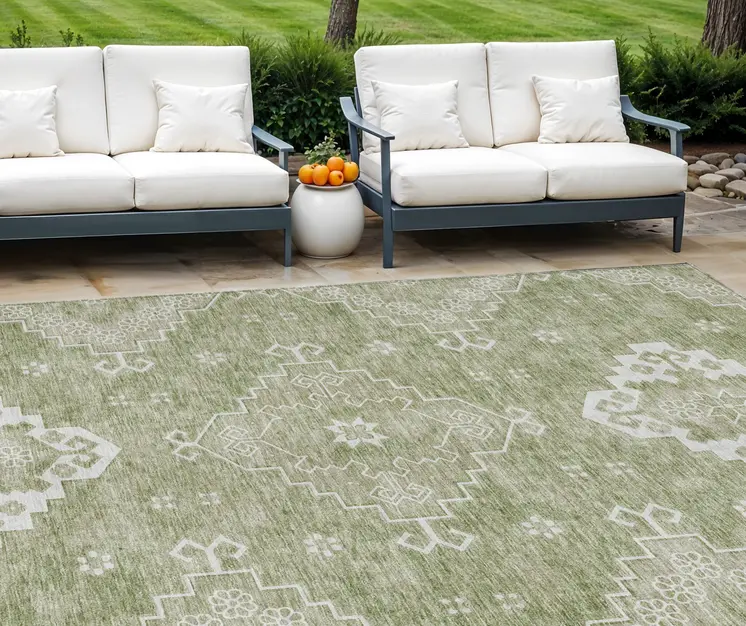 8' X 10' Artichoke Green Beige And Ivory Medallion Washable Indoor Outdoor Area Rug
