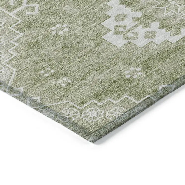 8' X 10' Artichoke Green Beige And Ivory Medallion Washable Indoor Outdoor Area Rug