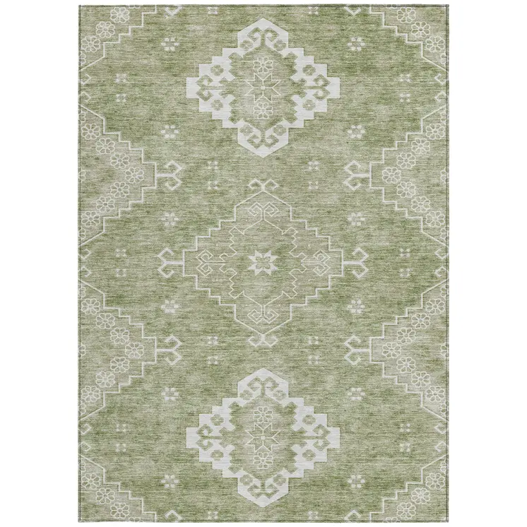 9' X 12' Artichoke Green Beige And Ivory Medallion Washable Indoor Outdoor Area Rug