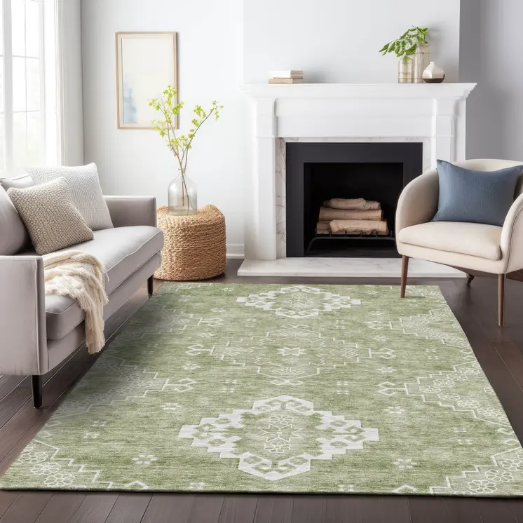 9' X 12' Artichoke Green Beige And Ivory Medallion Washable Indoor Outdoor Area Rug