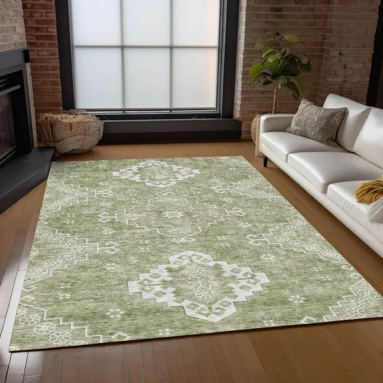 9' X 12' Artichoke Green Beige And Ivory Medallion Washable Indoor Outdoor Area Rug