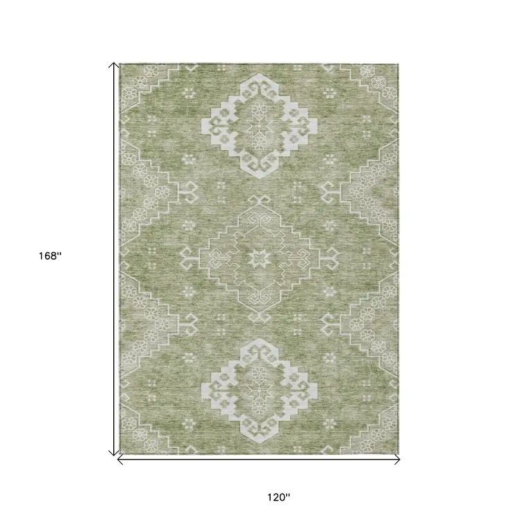 10' X 14' Artichoke Green Beige And Ivory Medallion Washable Indoor Outdoor Area Rug