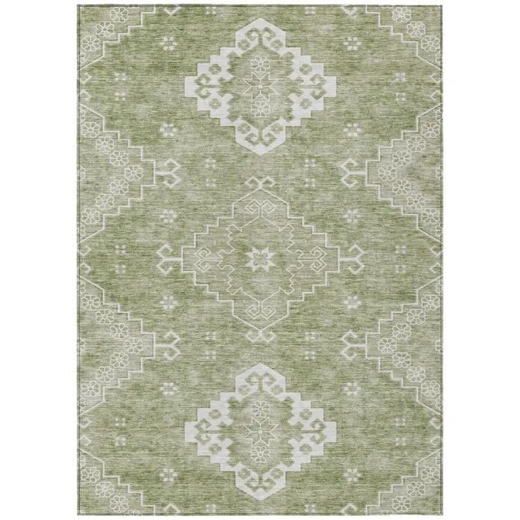 10' X 14' Artichoke Green Beige And Ivory Medallion Washable Indoor Outdoor Area Rug