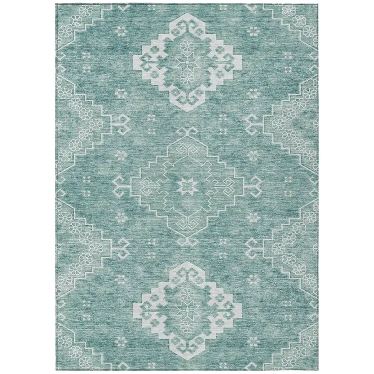 5' X 8' Aqua Teal Blue And Ivory Medallion Washable Indoor Outdoor Area Rug