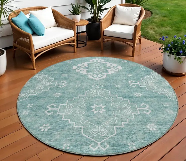 8' Aqua Teal Blue And Ivory Round Medallion Washable Indoor Outdoor Area Rug