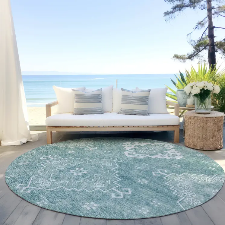 8' Aqua Teal Blue And Ivory Round Medallion Washable Indoor Outdoor Area Rug