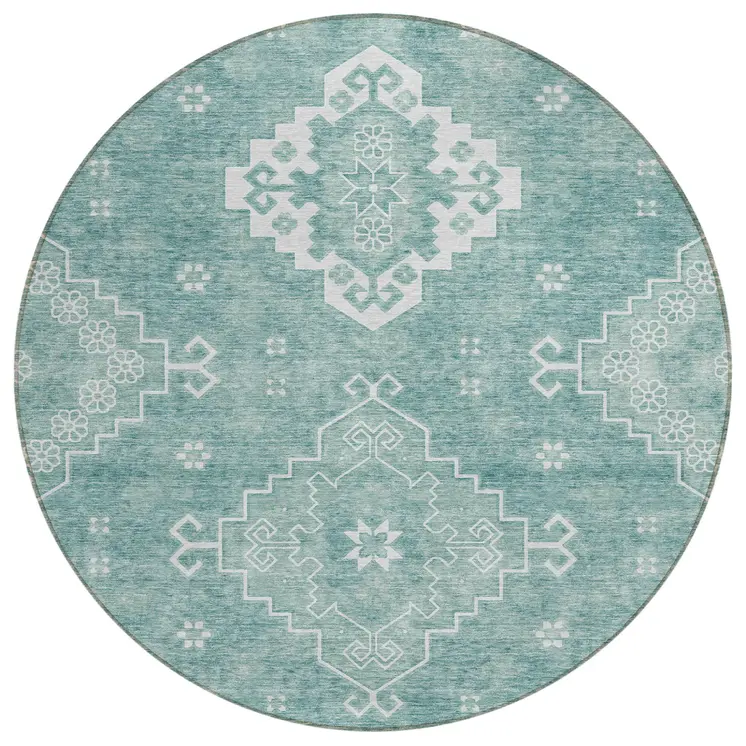 8' Aqua Teal Blue And Ivory Round Medallion Washable Indoor Outdoor Area Rug
