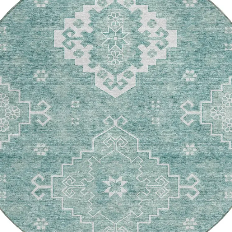 8' Aqua Teal Blue And Ivory Round Medallion Washable Indoor Outdoor Area Rug