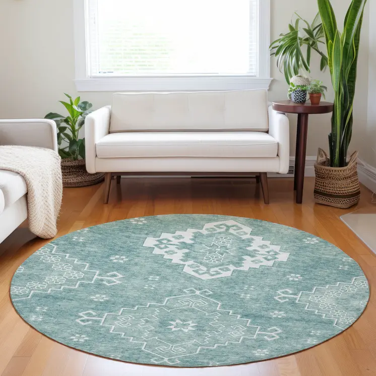 8' Aqua Teal Blue And Ivory Round Medallion Washable Indoor Outdoor Area Rug