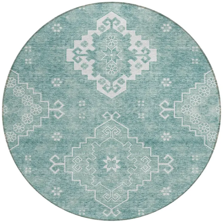 8' Aqua Teal Blue And Ivory Round Medallion Washable Indoor Outdoor Area Rug