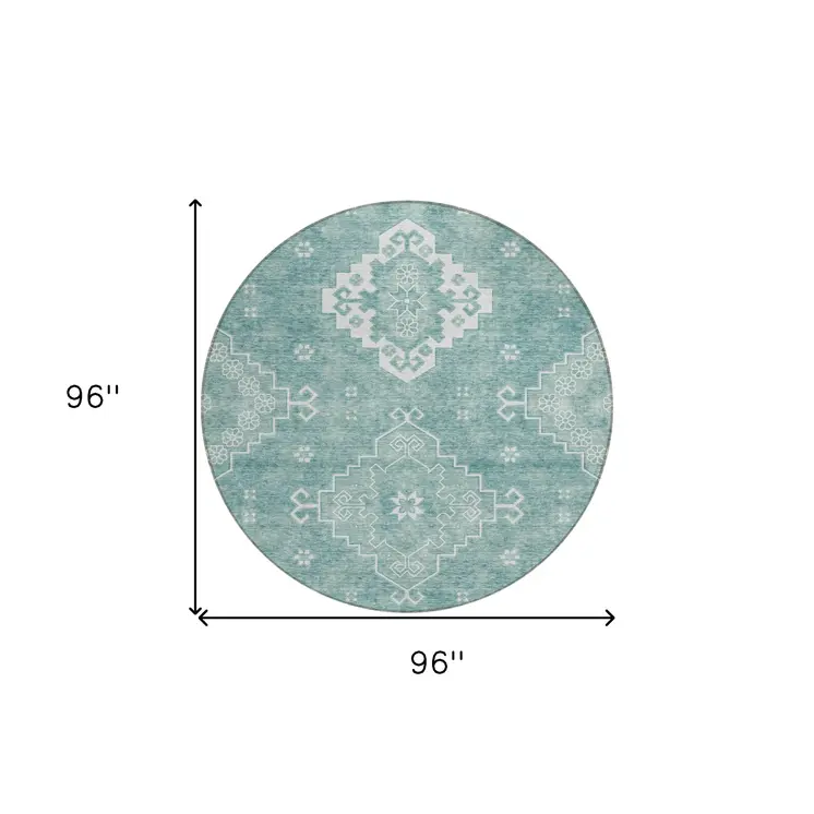 8' Aqua Teal Blue And Ivory Round Medallion Washable Indoor Outdoor Area Rug