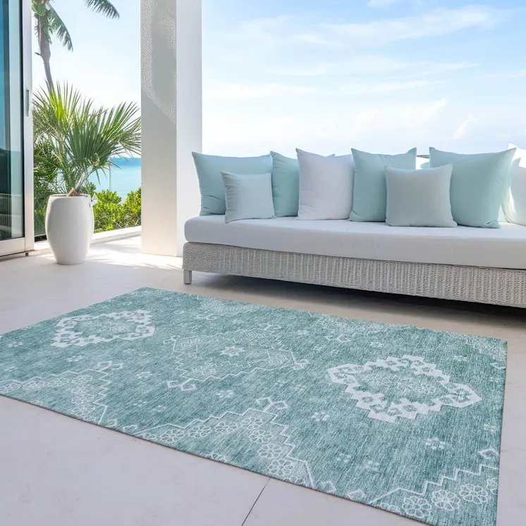 8' X 10' Aqua Teal Blue And Ivory Medallion Washable Indoor Outdoor Area Rug