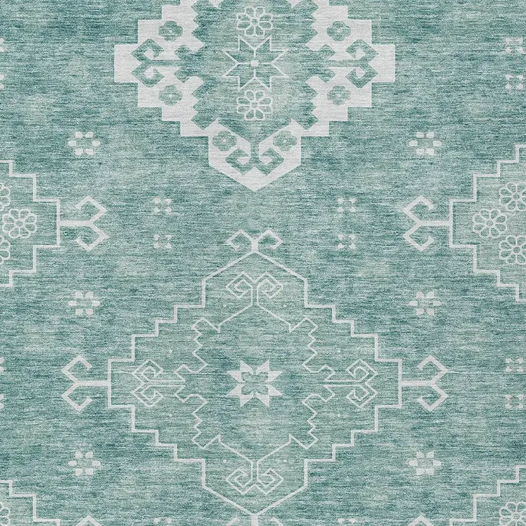 8' X 10' Aqua Teal Blue And Ivory Medallion Washable Indoor Outdoor Area Rug