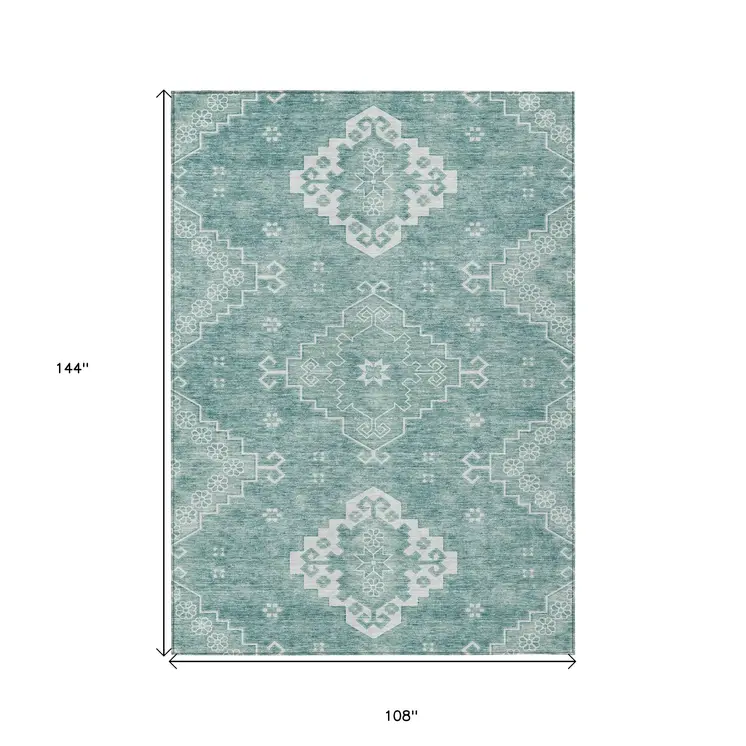 9' X 12' Aqua Teal Blue And Ivory Medallion Washable Indoor Outdoor Area Rug