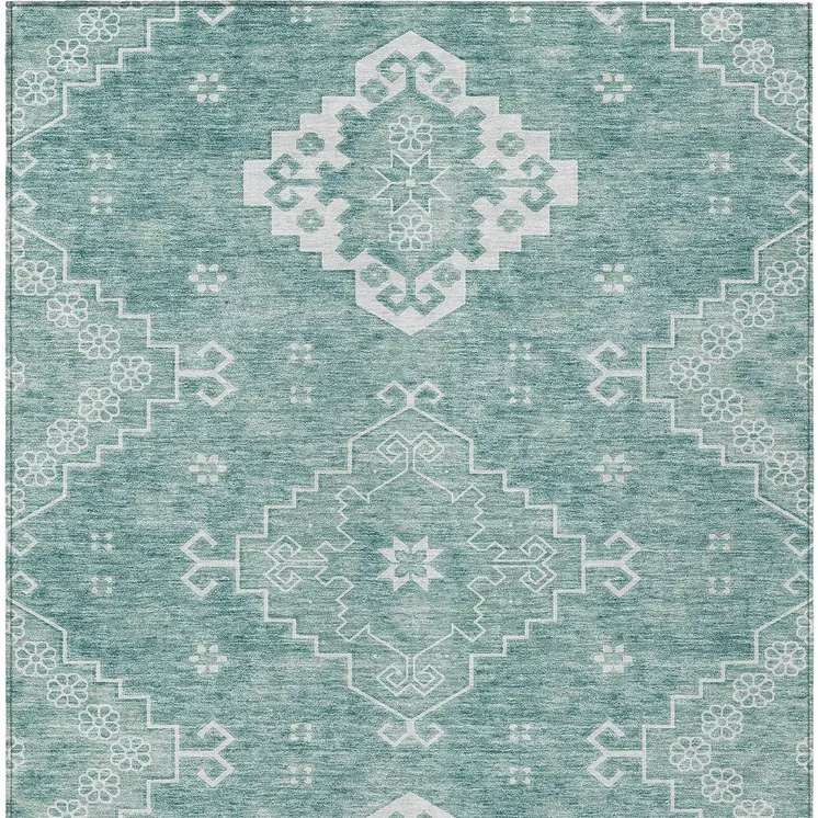 10' X 14' Aqua Teal Blue And Ivory Medallion Washable Indoor Outdoor Area Rug