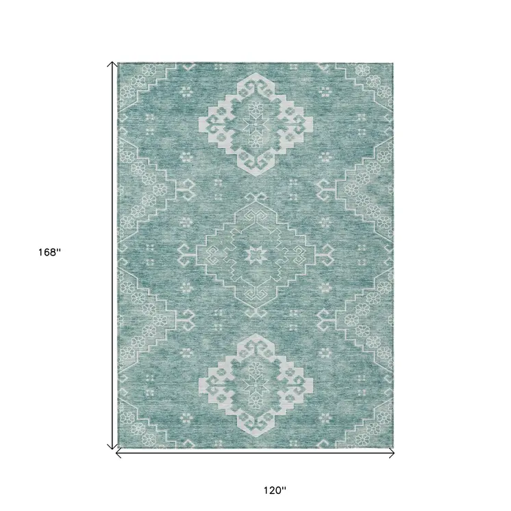 10' X 14' Aqua Teal Blue And Ivory Medallion Washable Indoor Outdoor Area Rug