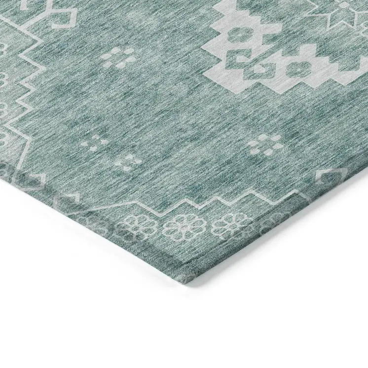 10' X 14' Aqua Teal Blue And Ivory Medallion Washable Indoor Outdoor Area Rug