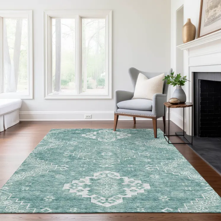 10' X 14' Aqua Teal Blue And Ivory Medallion Washable Indoor Outdoor Area Rug