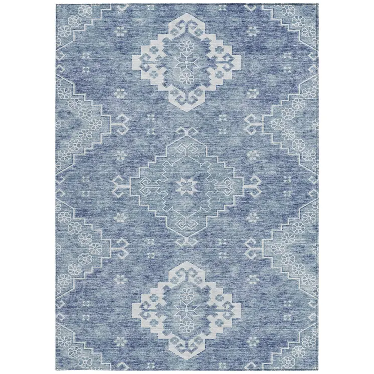 3' X 5' Navy Blue And Denim Blue Medallion Washable Indoor Outdoor Area Rug