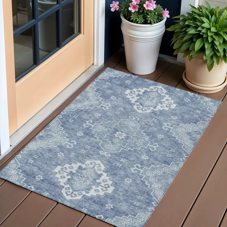 3' X 5' Navy Blue And Denim Blue Medallion Washable Indoor Outdoor Area Rug
