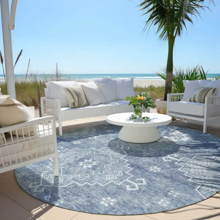 8' Navy Blue And Denim Blue Round Medallion Washable Indoor Outdoor Area Rug