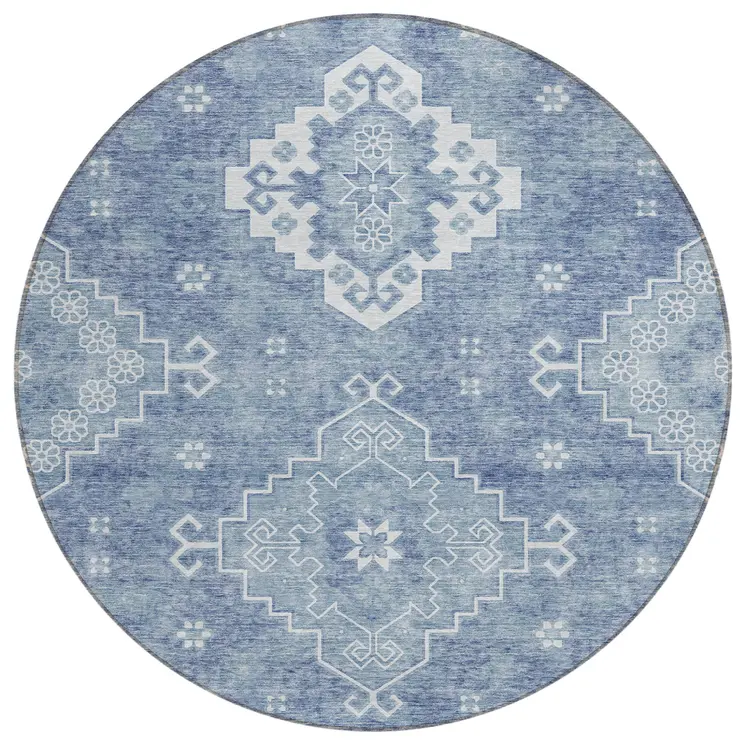 8' Navy Blue And Denim Blue Round Medallion Washable Indoor Outdoor Area Rug
